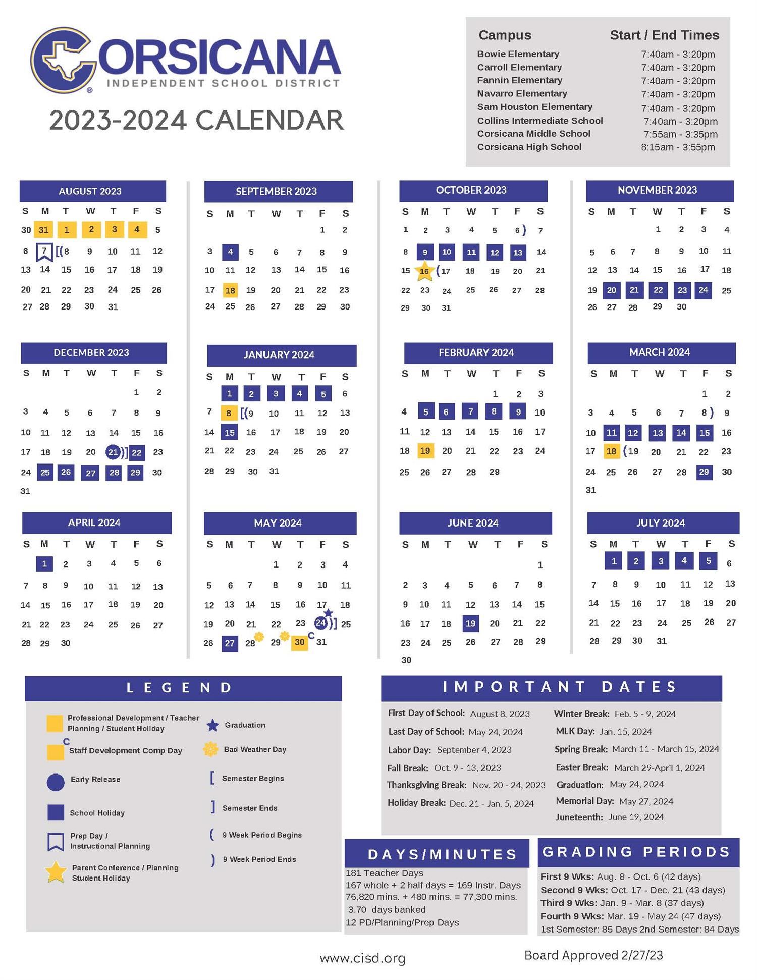 CISD Academic Calendar 2023-2024